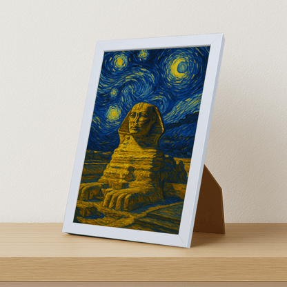 Sfinge di Giza stile Gogh stampato su forex, cornice portafoto bianco, misura 21x29.7