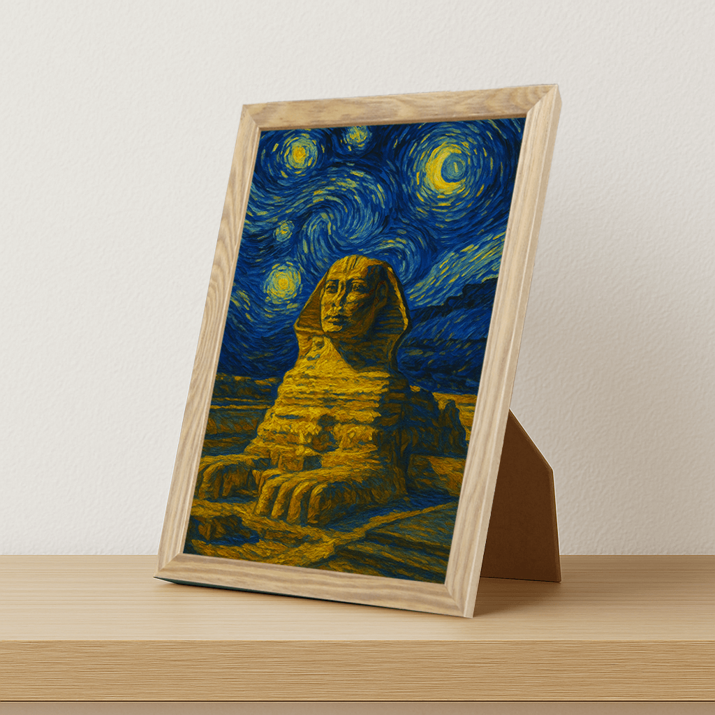 Sfinge di Giza stile Gogh stampato su forex, cornice portafoto legno, misura 21x29.7