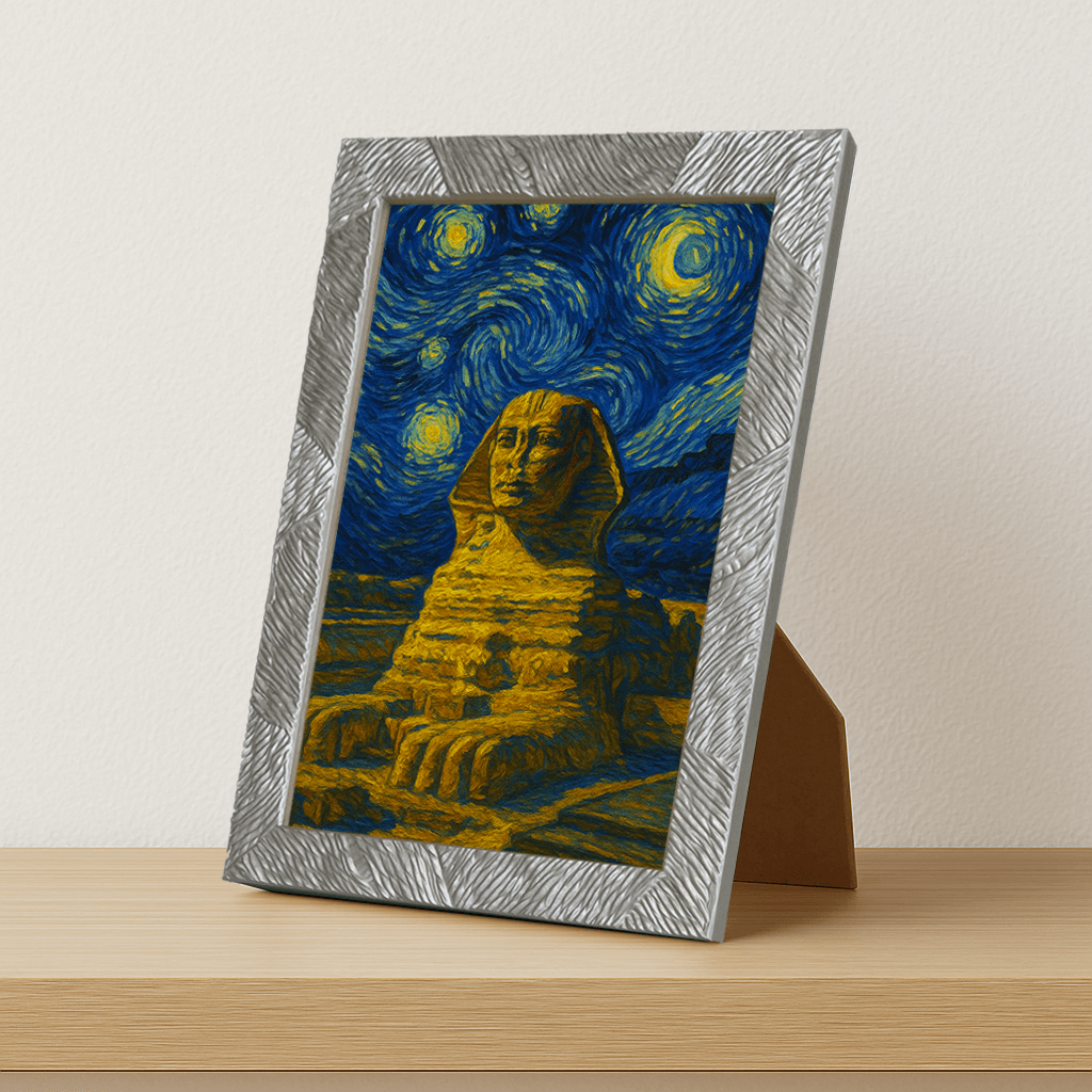 Sfinge di Giza stile Gogh stampato su forex, cornice portafoto argento, misura 21x29.7