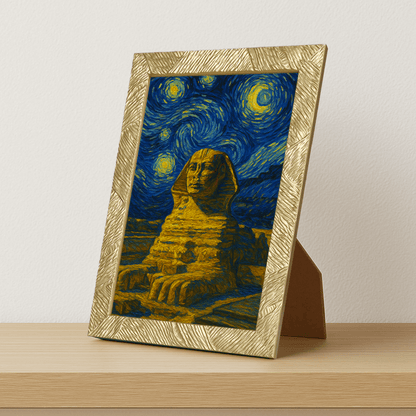 Sfinge di Giza stile Gogh stampato su forex, cornice portafoto oro, misura 21x29.7