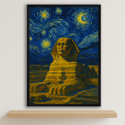 Sfinge di Giza stile Gogh stampato su forex, cornice nero, disponibile in 30x40, 40x50 e 50x70 cm