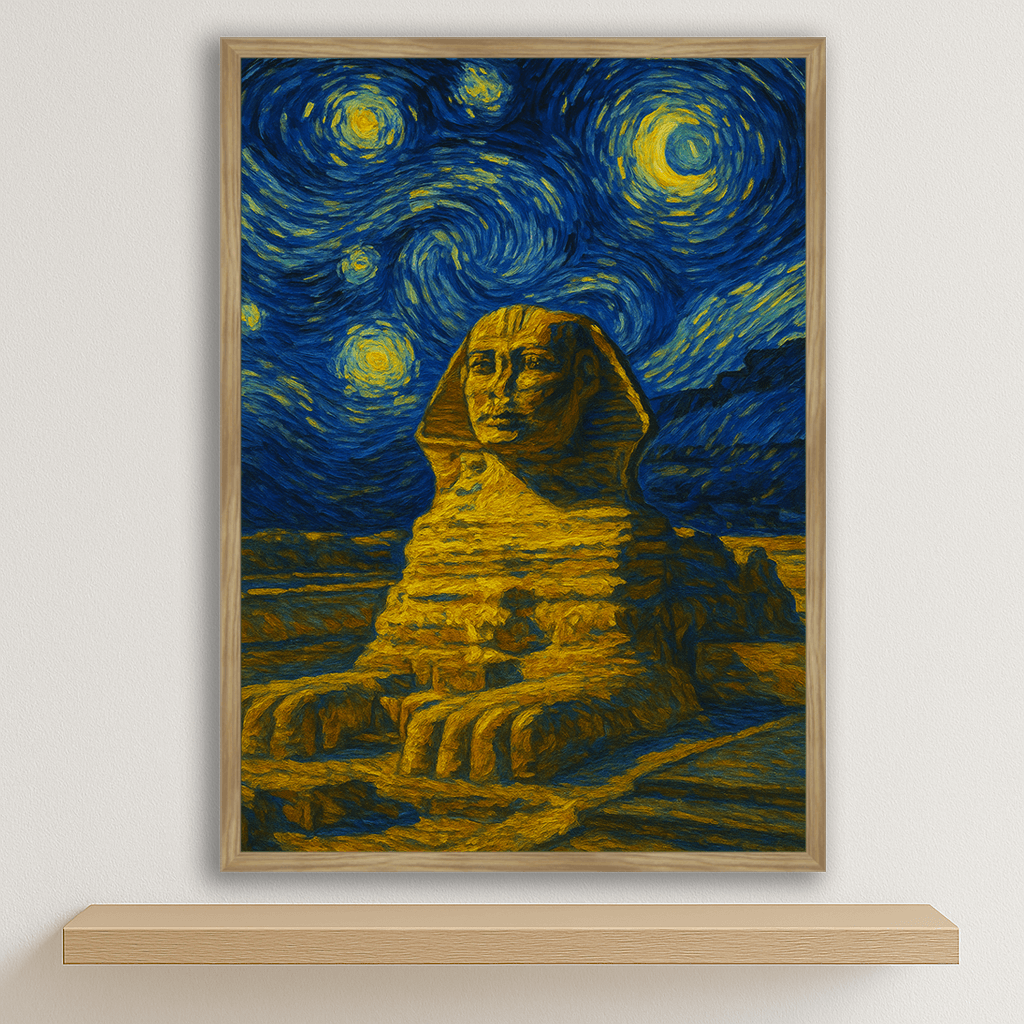 Sfinge di Giza stile Gogh stampato su forex, cornice legno, disponibile in 30x40, 40x50 e 50x70 cm