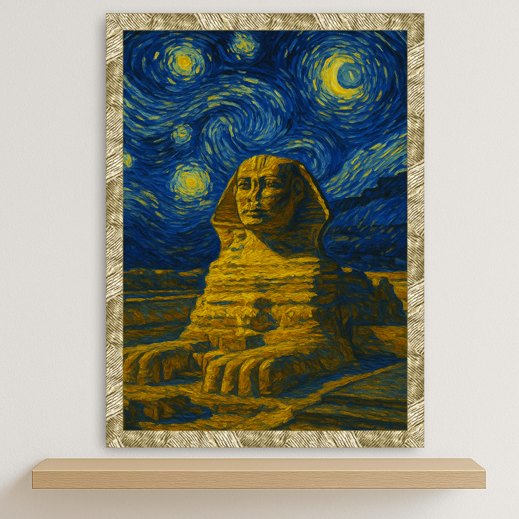 Sfinge di Giza stile Gogh stampato su forex, cornice oro, disponibile in 30x40, 40x50 e 50x70 cm