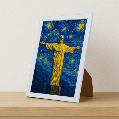 Cristo Redentore stile Gogh stampato su forex, cornice portafoto bianco, misura 21x29.7