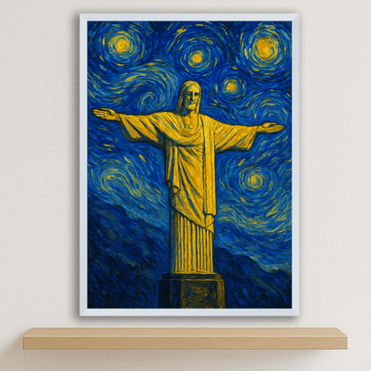 Cristo Redentore stile Gogh stampato su forex, cornice bianco, disponibile in 30x40, 40x50 e 50x70 cm