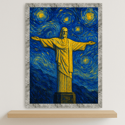 Cristo Redentore stile Gogh stampato su forex, cornice argento, disponibile in 30x40, 40x50 e 50x70 cm