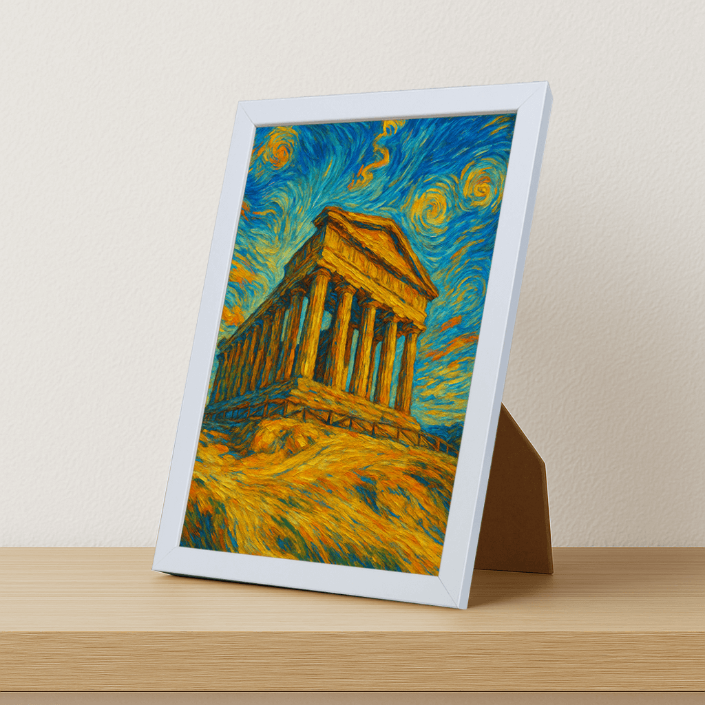 Tempio di Agrigento stile Gogh stampato su forex, cornice portafoto bianco, misura 21x29.7