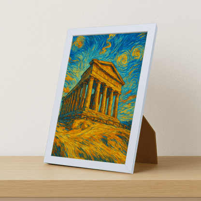 Tempio di Agrigento stile Gogh stampato su forex, cornice portafoto bianco, misura 21x29.7