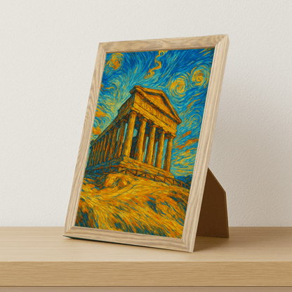 Tempio di Agrigento stile Gogh stampato su forex, cornice portafoto legno, misura 21x29.7
