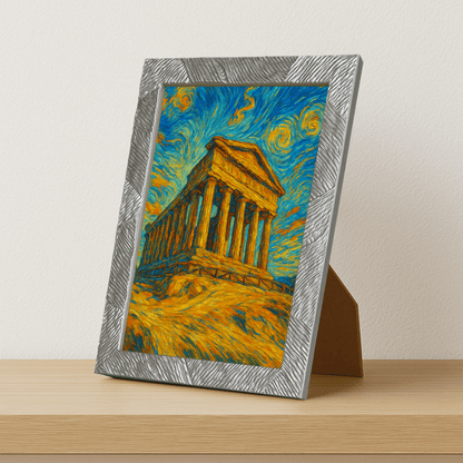 Tempio di Agrigento stile Gogh stampato su forex, cornice portafoto argento, misura 21x29.7