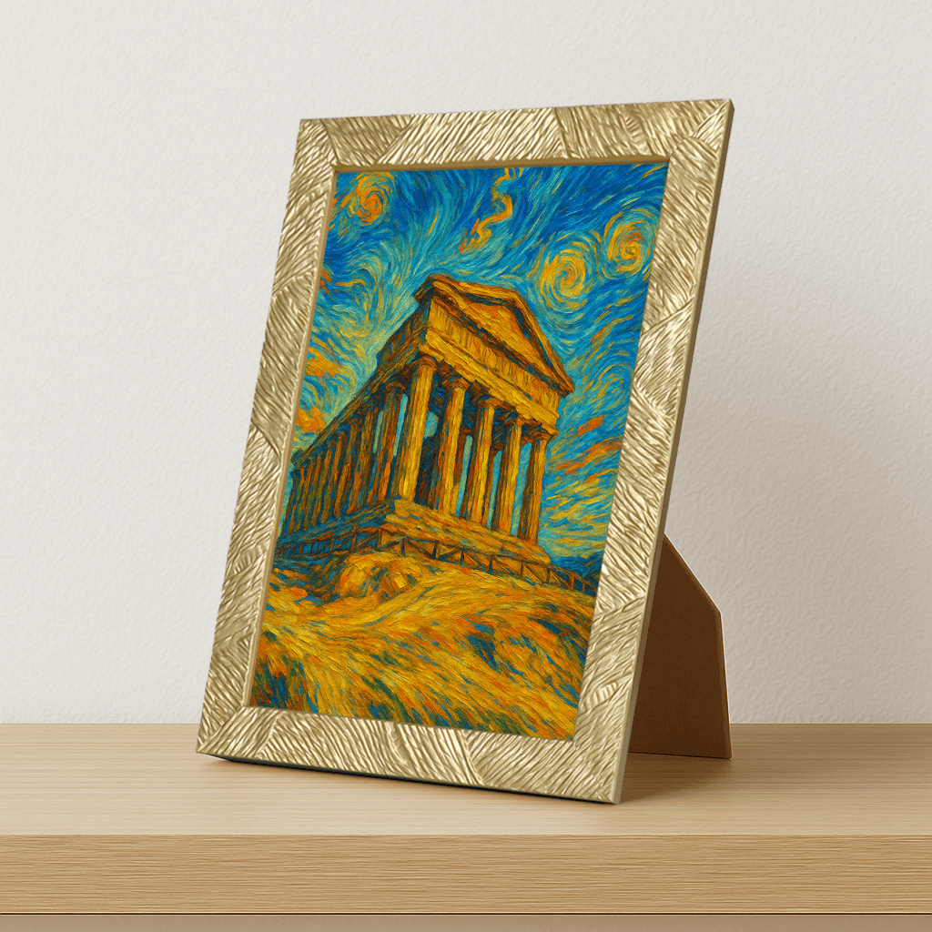 Tempio di Agrigento stile Gogh stampato su forex, cornice portafoto oro, misura 21x29.7