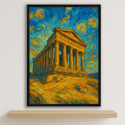 Tempio di Agrigento stile Gogh stampato su forex, cornice nero, disponibile in 30x40, 40x50 e 50x70 cm