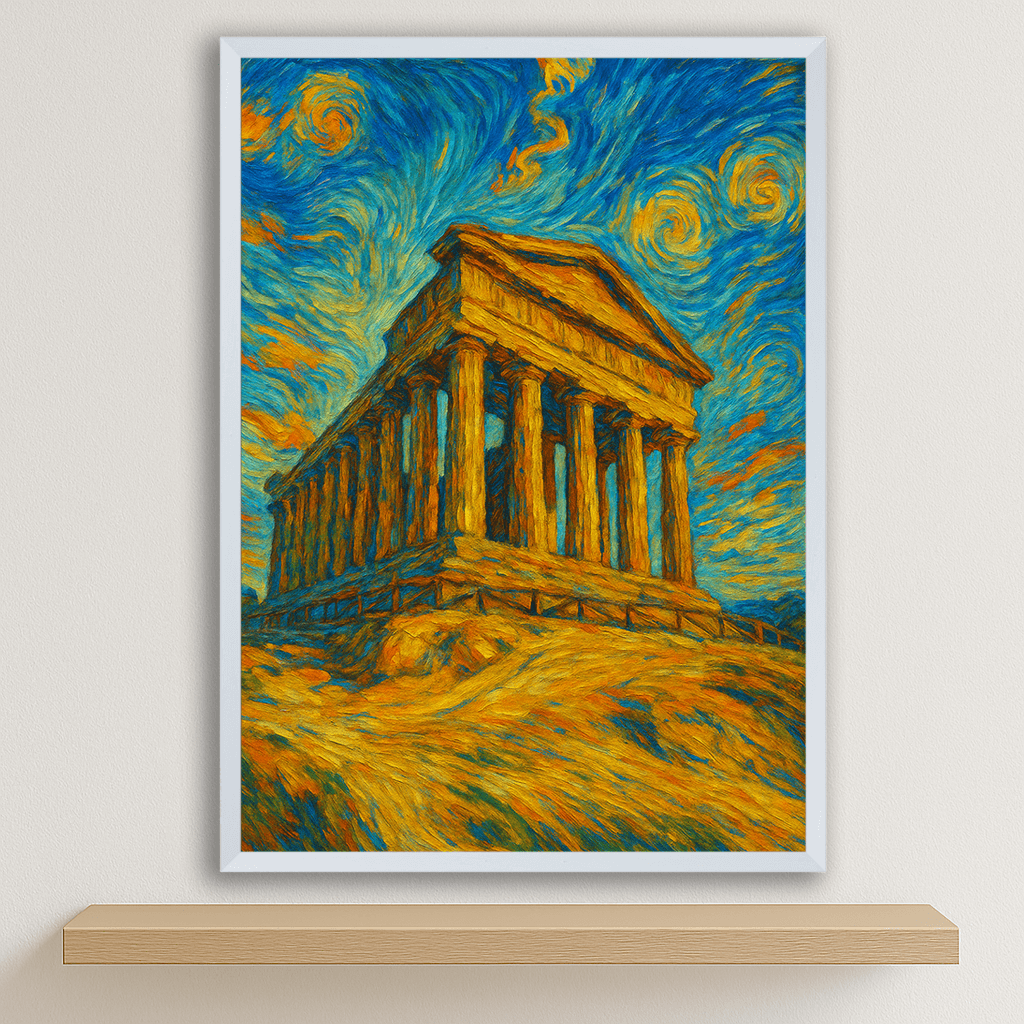 Tempio di Agrigento stile Gogh stampato su forex, cornice bianco, disponibile in 30x40, 40x50 e 50x70 cm