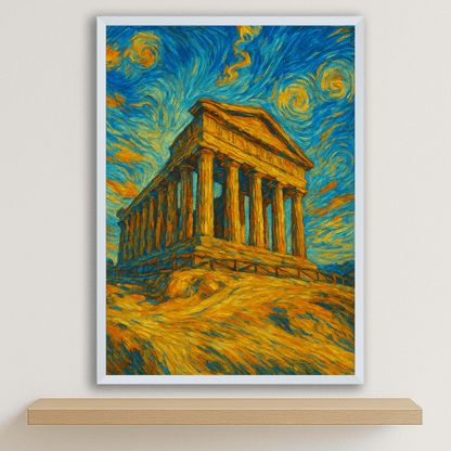 Tempio di Agrigento stile Gogh stampato su forex, cornice bianco, disponibile in 30x40, 40x50 e 50x70 cm