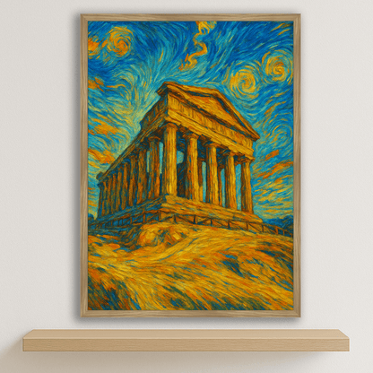 Tempio di Agrigento stile Gogh stampato su forex, cornice legno, disponibile in 30x40, 40x50 e 50x70 cm