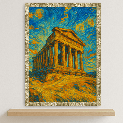 Tempio di Agrigento stile Gogh stampato su forex, cornice oro, disponibile in 30x40, 40x50 e 50x70 cm