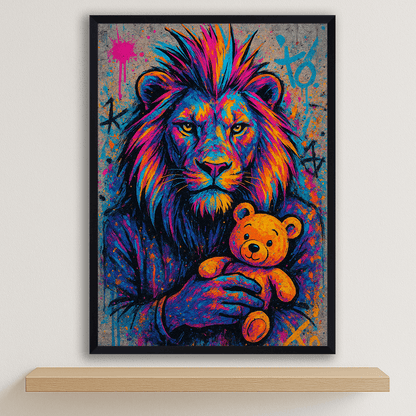 Leone Orsacchiotto stampato su forex, cornice nero, disponibile in 30x40, 40x50 e 50x70 cm