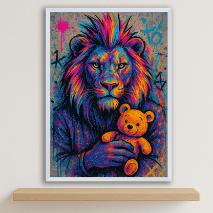 Leone Orsacchiotto stampato su forex, cornice bianco, disponibile in 30x40, 40x50 e 50x70 cm