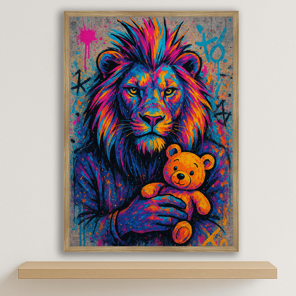 Leone Orsacchiotto stampato su forex, cornice legno, disponibile in 30x40, 40x50 e 50x70 cm