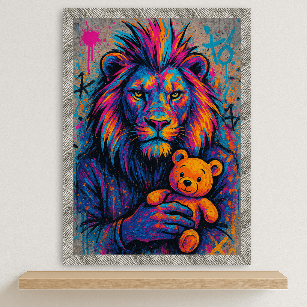 Leone Orsacchiotto stampato su forex, cornice argento, disponibile in 30x40, 40x50 e 50x70 cm