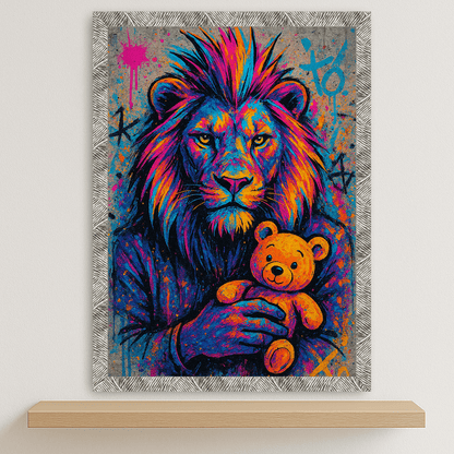 Leone Orsacchiotto stampato su forex, cornice argento, disponibile in 30x40, 40x50 e 50x70 cm