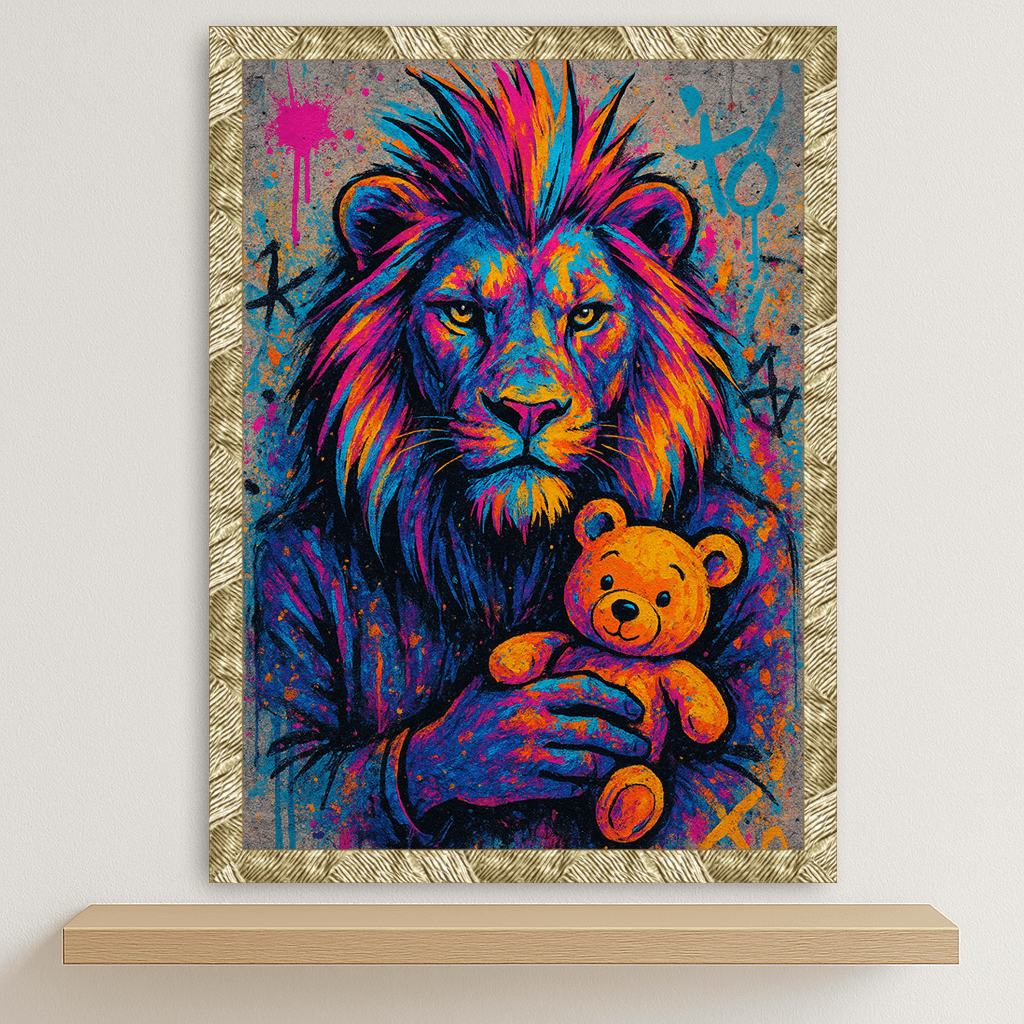 Leone Orsacchiotto stampato su forex, cornice oro, disponibile in 30x40, 40x50 e 50x70 cm