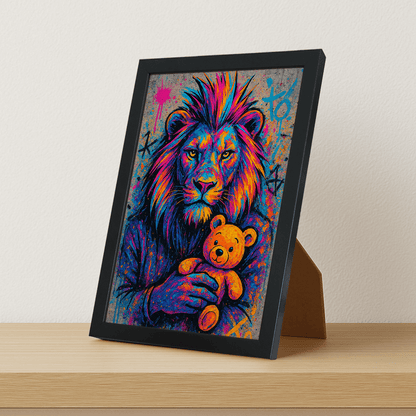 Leone Orsacchiotto stampato su forex, cornice portafoto nero, misura 21x29.7