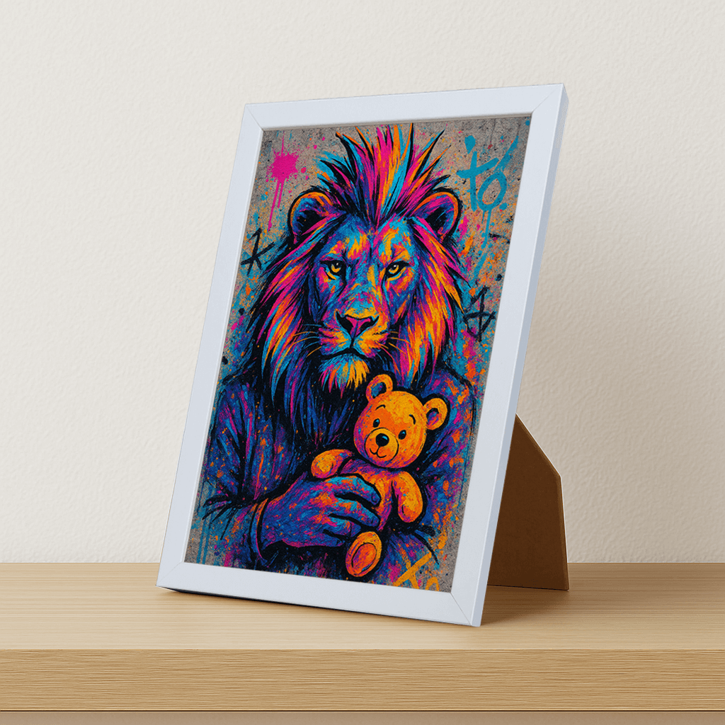 Leone Orsacchiotto stampato su forex, cornice portafoto bianco, misura 21x29.7