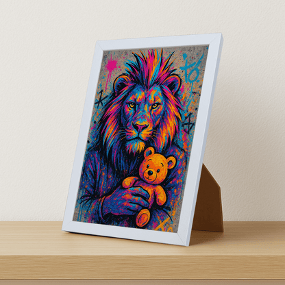 Leone Orsacchiotto stampato su forex, cornice portafoto bianco, misura 21x29.7