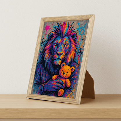 Leone Orsacchiotto stampato su forex, cornice portafoto legno, misura 21x29.7