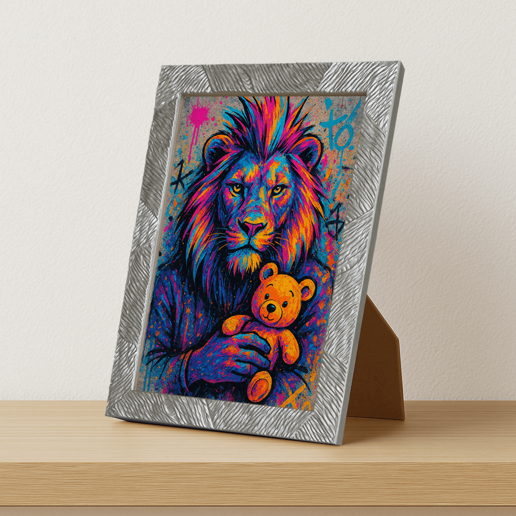 Leone Orsacchiotto stampato su forex, cornice portafoto argento, misura 21x29.7