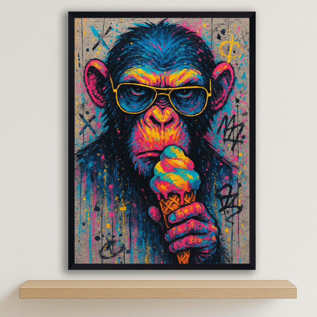 Scimmia con gelato stampato su forex, cornice nero, disponibile in 30x40, 40x50 e 50x70 cm