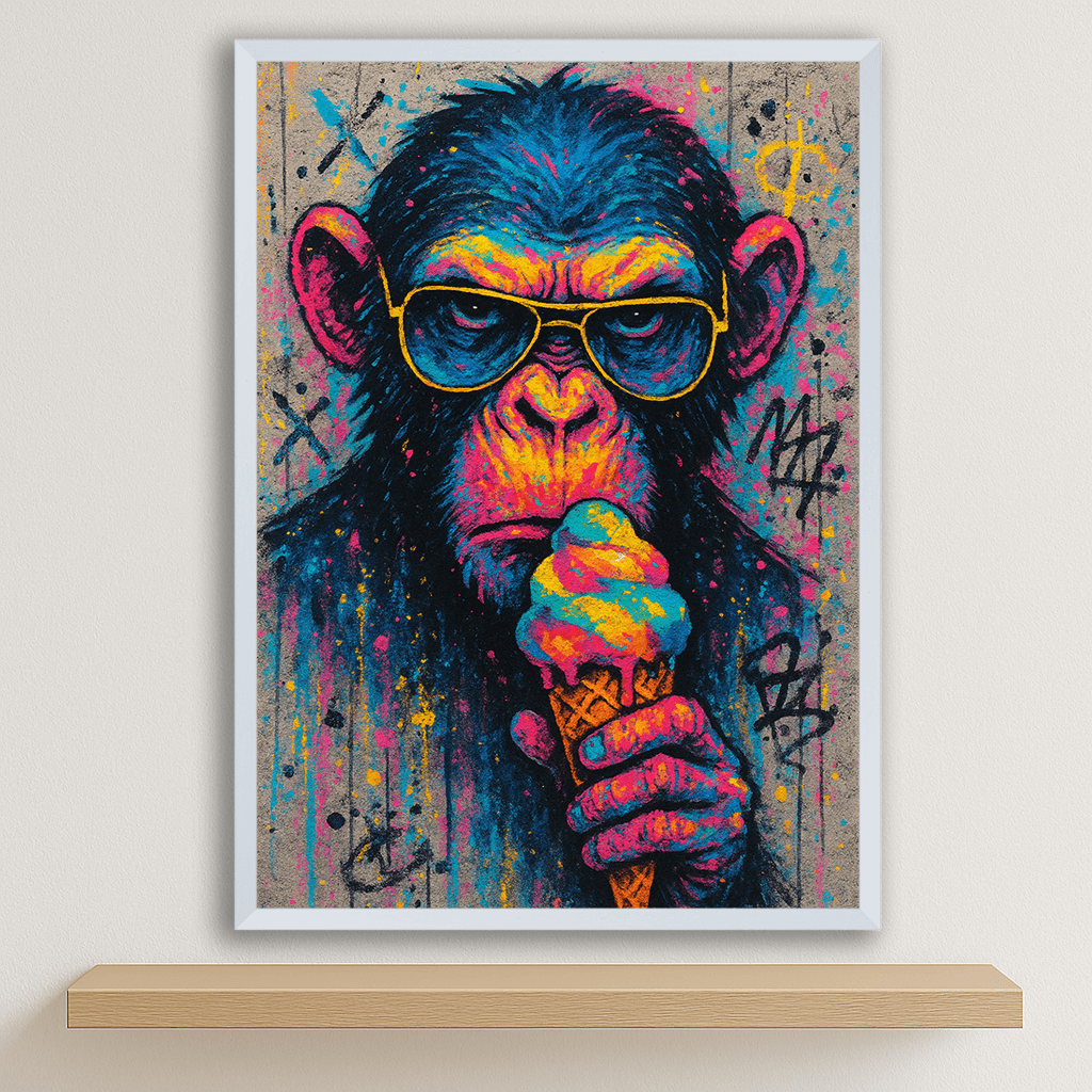 Scimmia con gelato stampato su forex, cornice bianco, disponibile in 30x40, 40x50 e 50x70 cm