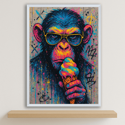 Scimmia con gelato stampato su forex, cornice bianco, disponibile in 30x40, 40x50 e 50x70 cm