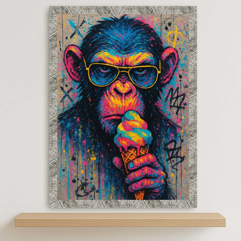 Scimmia con gelato stampato su forex, cornice argento, disponibile in 30x40, 40x50 e 50x70 cm