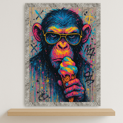 Scimmia con gelato stampato su forex, cornice argento, disponibile in 30x40, 40x50 e 50x70 cm