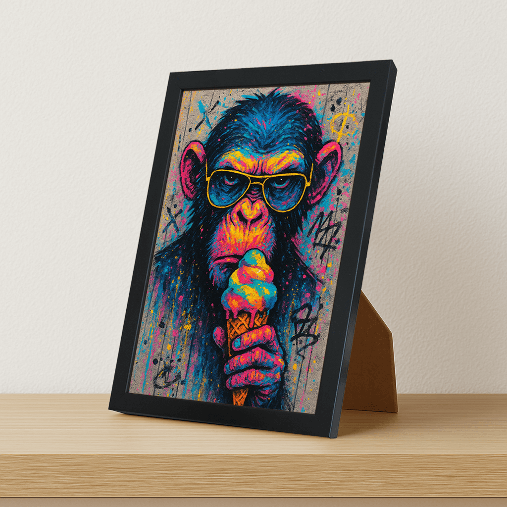 Scimmia con gelato stampato su forex, cornice portafoto nero, misura 21x29.7