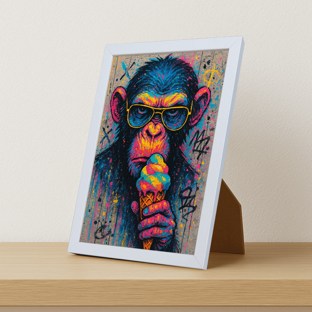 Scimmia con gelato stampato su forex, cornice portafoto bianco, misura 21x29.7