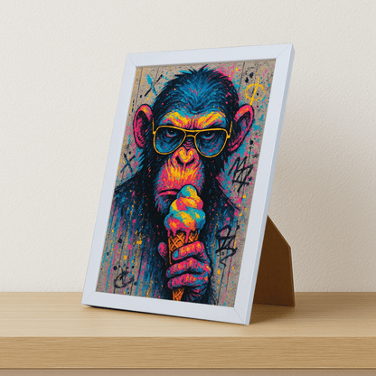 Scimmia con gelato stampato su forex, cornice portafoto bianco, misura 21x29.7