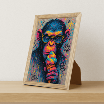 Scimmia con gelato stampato su forex, cornice portafoto legno, misura 21x29.7