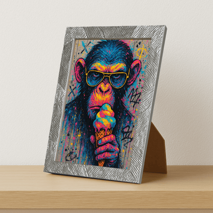 Scimmia con gelato stampato su forex, cornice portafoto argento, misura 21x29.7