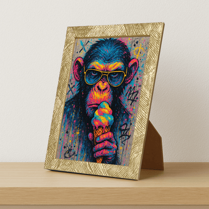 Scimmia con gelato stampato su forex, cornice portafoto oro, misura 21x29.7