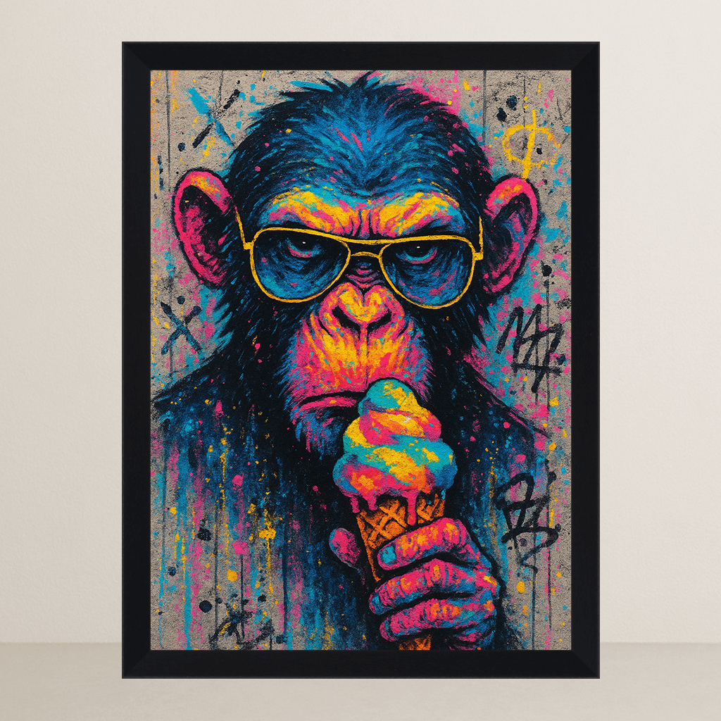 Scimmia con gelato stampato su forex, cornice FSC, disponibile in varie misure