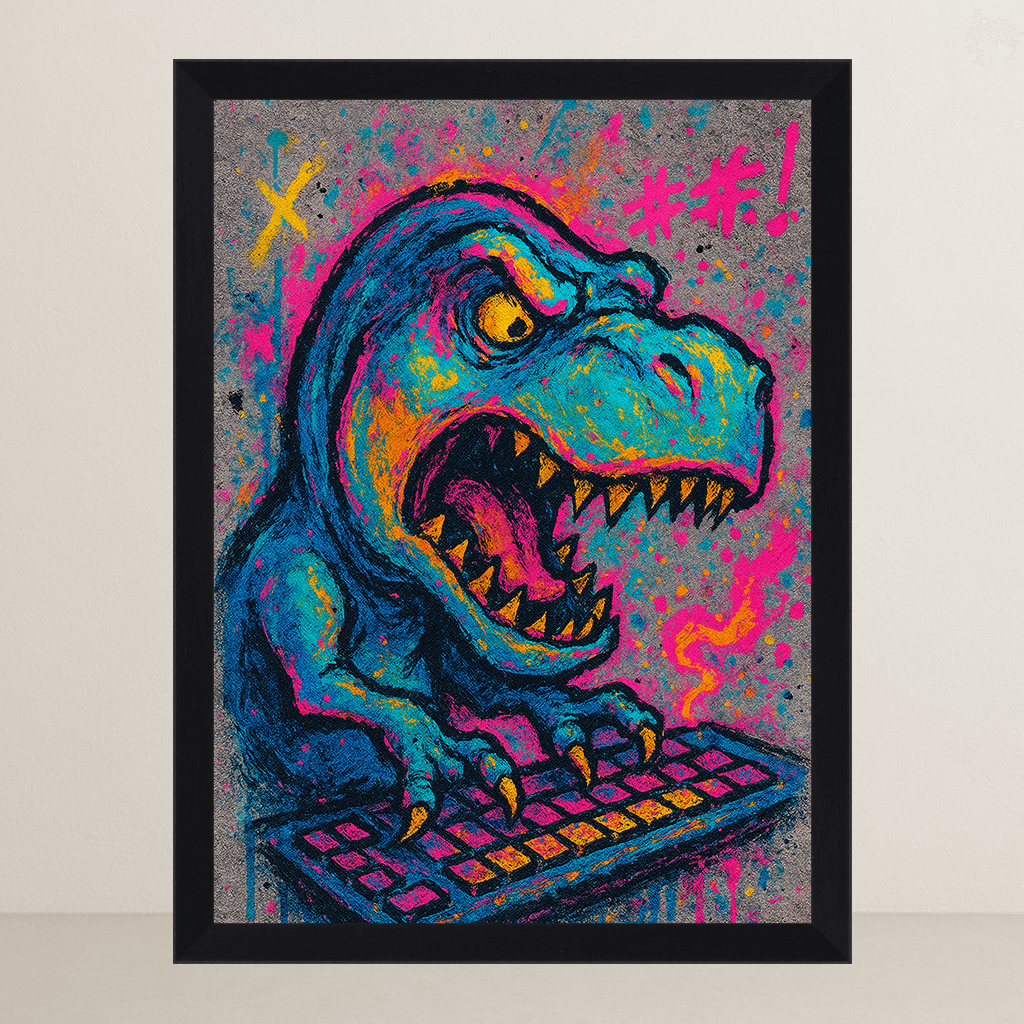 T-Rex con PC stampato su forex, cornice FSC, disponibile in varie misure