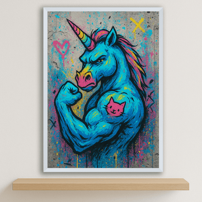 Unicorno Tatuato stampato su forex, cornice bianco, disponibile in 30x40, 40x50 e 50x70 cm