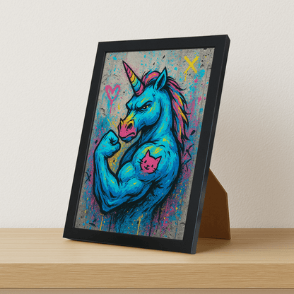 Unicorno Tatuato stampato su forex, cornice portafoto nero, misura 21x29.7
