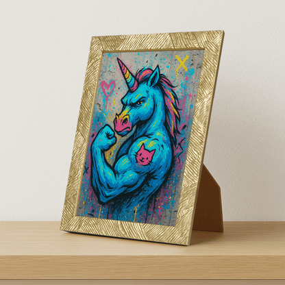 Unicorno Tatuato stampato su forex, cornice portafoto oro, misura 21x29.7