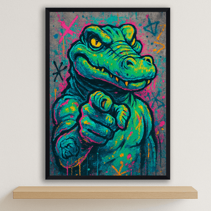 Coccodrillo I want you stampato su forex, cornice nero, disponibile in 30x40, 40x50 e 50x70 cm