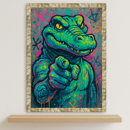 Coccodrillo I want you stampato su forex, cornice oro, disponibile in 30x40, 40x50 e 50x70 cm