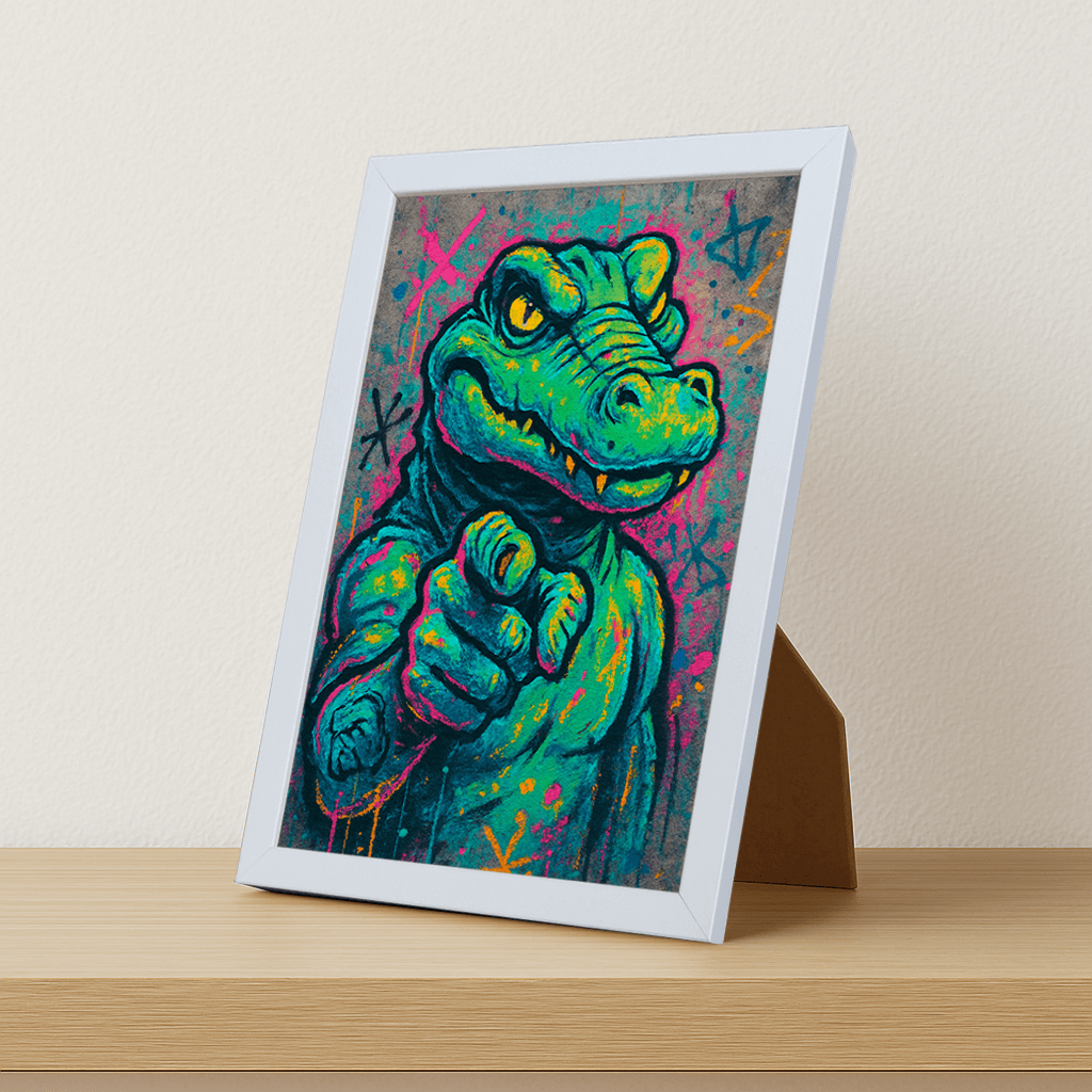 Coccodrillo I want you stampato su forex, cornice portafoto bianco, misura 21x29.7